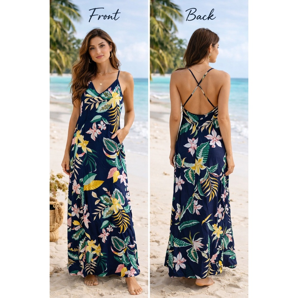 Tropical Floral Maxi Dress Womens Blue Vacation Beachy Summer Strappy Sleeveless - Picture 1 of 4